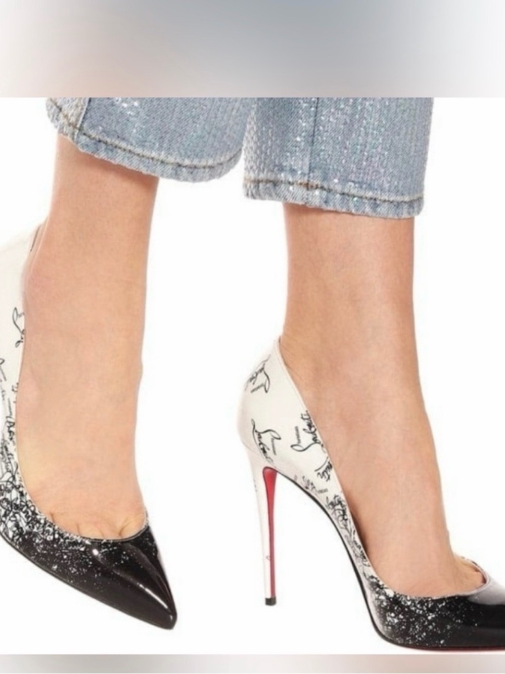 Christian Louboutin Black, White & Red Script Pointed Toe Stiletto Pumps